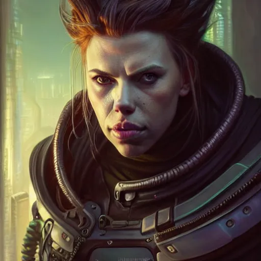 Prompt: portrait painting of a cyberpunk orc doctor extremely muscular ugly scarlett johansson with two big boar tusks, ultra realistic, concept art, intricate details, eerie, highly detailed, photorealistic, octane render, 8 k, unreal engine. art by artgerm and greg rutkowski and charlie bowater and magali villeneuve and alphonse mucha