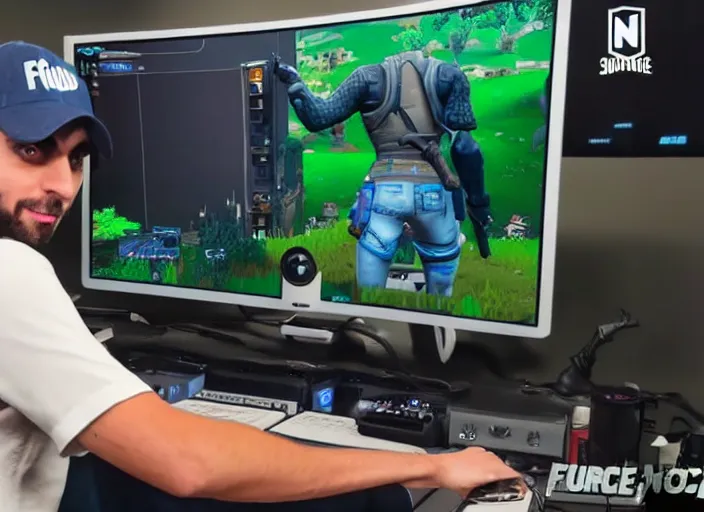 Prompt: Shroud playing Fortnite and looking super confused on a livestream