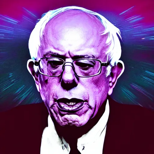 Image similar to bernie sanders with laser beams coming out of his eyes, synthwave