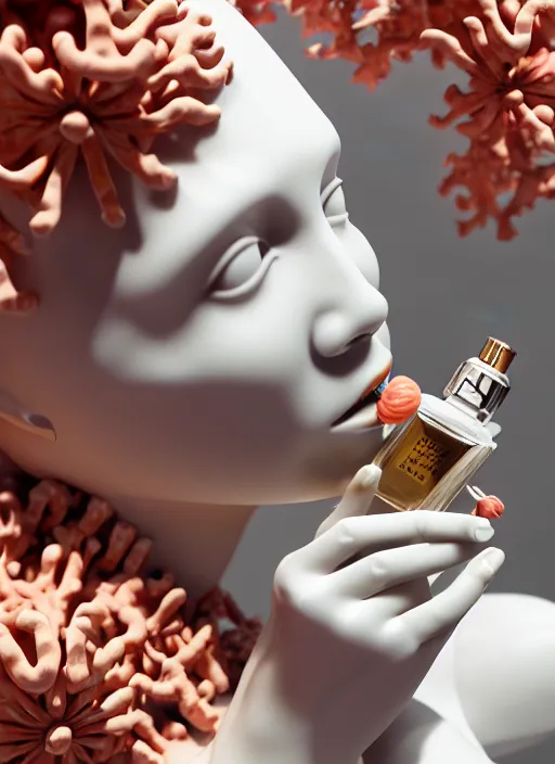 Image similar to biomechanical marble statue with porcelain skin coral and daisies carrying a bottle of perfume, up close shot, sharp focus, global illumination, radiant light, alexandre ferra white mecha, irakli nadar, octane highly render, 4 k, ultra hd,