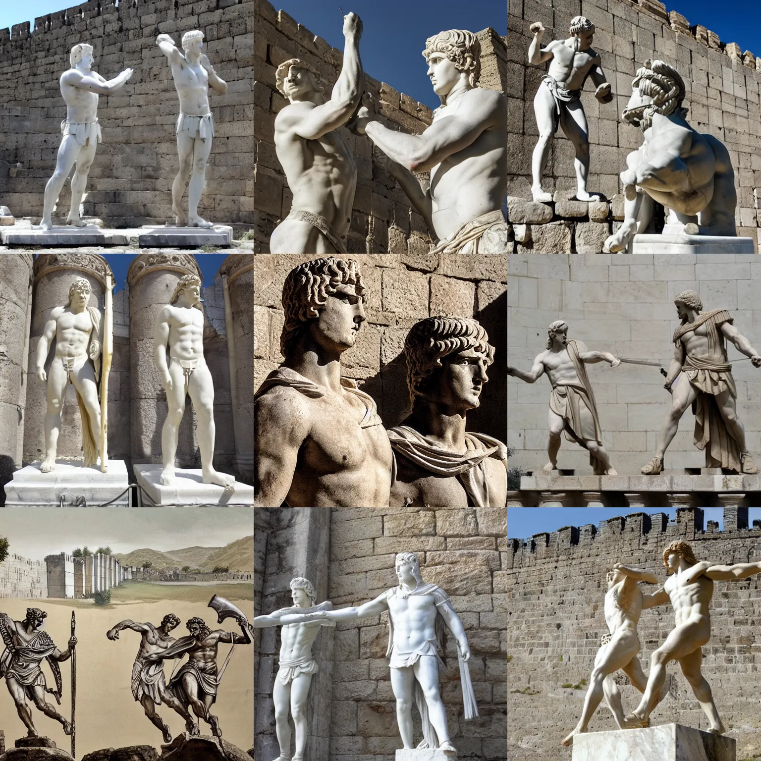 Prompt: Achilles and Hector as marble statues face off in front of the great walls of Troy