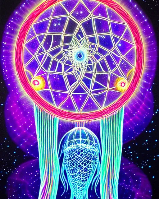 Image similar to detailed realistic dreamcatcher geometric glow painting a jellyfish emitting light in the cosmos by alex grey symmetry