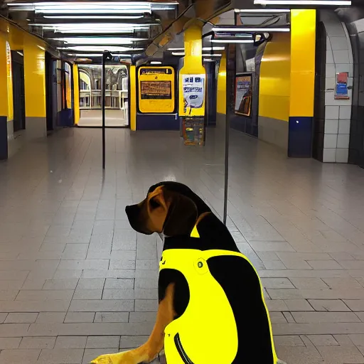 Image similar to bright yellow beagle in a subway