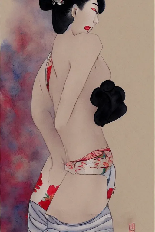 Image similar to extremely sensual geisha full body, one uncovered shoulder, different point of view, digital art, 8k, character, realistic, portrait, photorealism, japan watercolour, masterpiece art