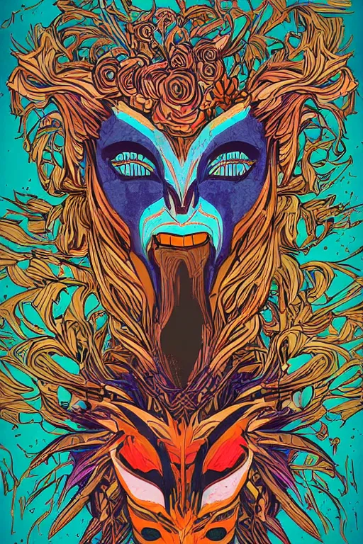 Image similar to animal mask totem roots flower tribal feather gemstone plant wood rock shaman vodoo video game vector cutout illustration vivid multicolor borderlands comics by josan gonzales and dan mumford radiating a glowing aura