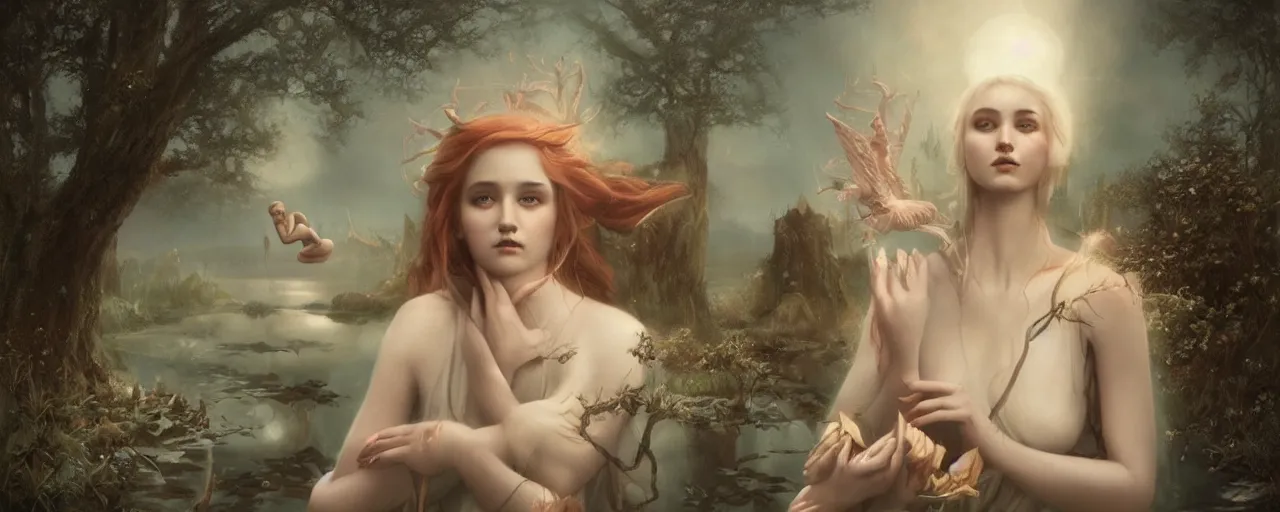 Prompt: teenage goddess and ether spirits by the moonlit lake by tom bagshaw
