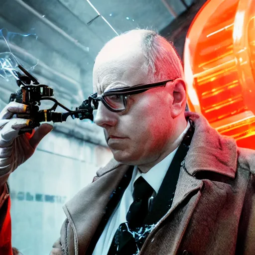 Image similar to balding cyborg professor using jeweller's loupe with orange led light, inspecting complex gun made from rusted metal kitchen utensils, smoking soldering iron, fluorescent lighting, messy workshop, highly detailed, sci - fi, futuristic, movie still from blade runner