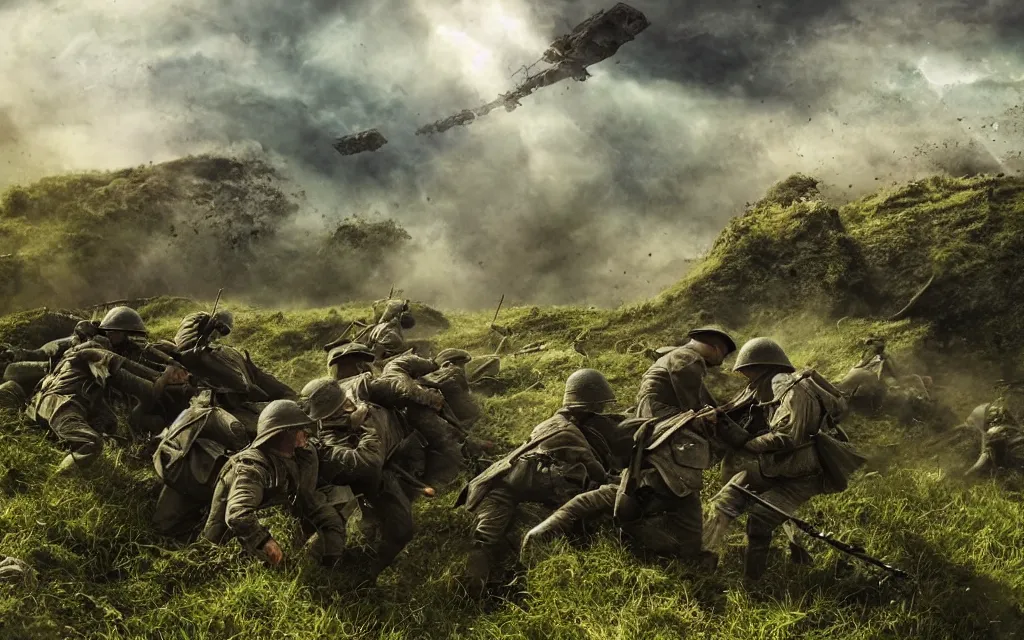 Image similar to fight ww 1, deep trenches with fortifications, natural landscape, green and blue tones, soldiers fighting against aliens from resistance game, realistic people, ground explosion in the background, alien mothership in the sky, hyper realistic, highly detailed, dramatic lighting, raytarced, god rays, 4 k, 8 k, art by artgem, closeup