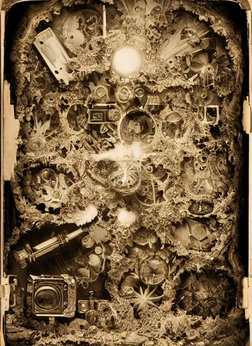 Image similar to old wetplate daguerreotype, the unveiling of pandora's box, explosion of data fragments, fractal, intricate, elegant, highly detailed, parallax, leica, medium format, subsurface scattering, by jheronimus bosch and greg rutkowski and louis jacques mande daguerre