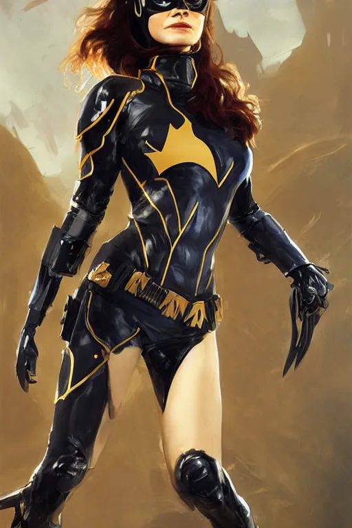 Image similar to portrait of a young Michelle Pfeiffer as Batgirl in bikini armor, dc comics, cyberpunk, Warhammer 40000, dark fantasy, digital art from artstation by Ruan Jia and Mandy Jurgens and Artgerm and william-adolphe bouguereau