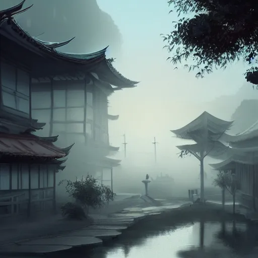 Image similar to old asian village, early sunlight, contrast shadows, mist, fog, water ripples, detailed, photorealistic, artstation, atmospheric, ambient