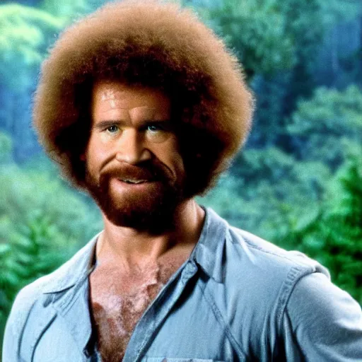 Prompt: A still of Bob Ross as Rambo in Rambo First Blood (1982)