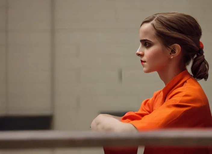 Prompt: photo of emma watson sitting in a jail cell wearing an orange jumpsuit and a red hat, defocused bars in the foreground, 8 k, 8 5 mm f 1. 8