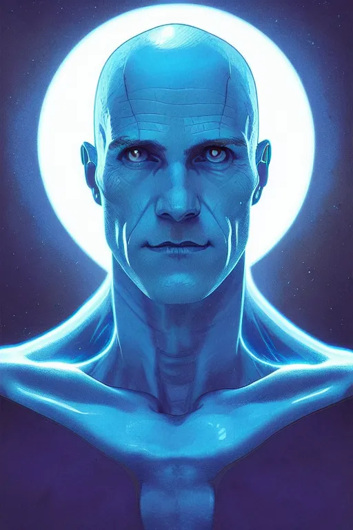 Image similar to a portrait of doctor manhattan, fantasy, sharp focus, intricate, elegant, digital painting, artstation, matte, highly detailed, concept art, illustration, ambient lighting, art by ilya kuvshinov, artgerm, alphonse mucha, and greg rutkowski