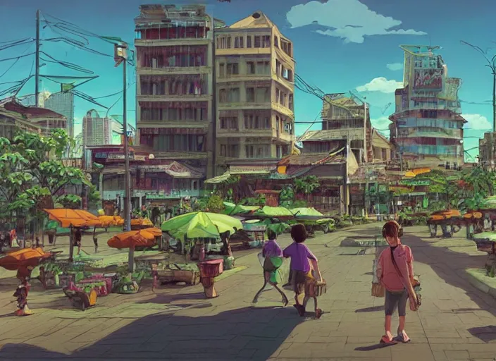 Prompt: bangkok townsquare, deserted, summer morning, very coherent and colorful high contrast, art by gediminas pranckevicius, geof darrow, makoto shinkai, dark shadows, hard lighting