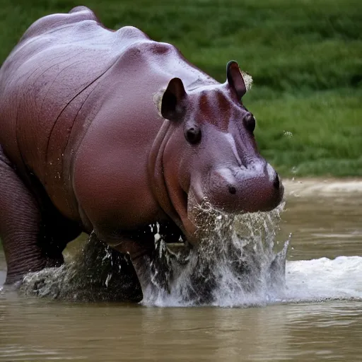 Prompt: a hippopotamus rampaging through sports crowd.