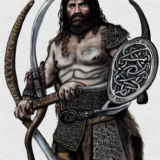 Prompt: full face and body character design reference art of Eoghaill of the Murine Hordes, a male La Tene Culture Celtic chieftain and warrior, resplendent and proud of bearing, long black hair, hirsute and muscled, wielding a Celtic longsword. Has a rat familiar. high quality, high detail, realistic gouache illustration, in the style of: Angus McBride, Mike Mignola, Jean Giraud, Alex Ross, and Michael William Kaluta.