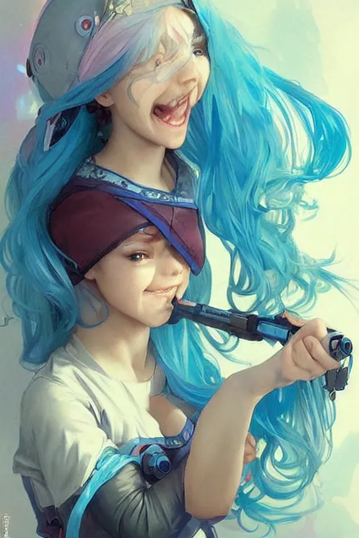 Image similar to a little gamergirl with a laughing face and short!! light colorful blue hair. she is dressed as gamergirl in her room, painting, beautiful detailed face. by artgerm and greg rutkowski and alphonse mucha