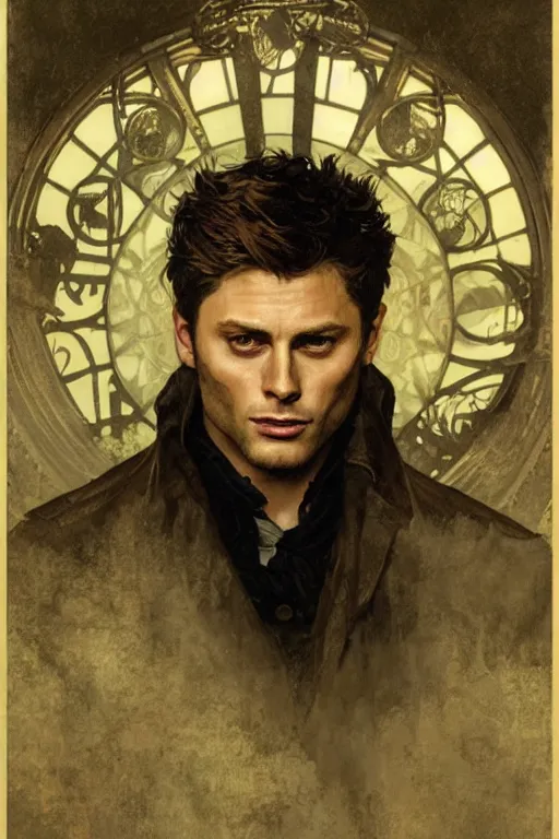 Image similar to a detailed matte portrait of dean winchester in a supernatural sherlock holmes story, 1 8 th century london in the rain, city streets, ominous, masterpiece, 8 k, art by alphonse mucha and greg rutkowski