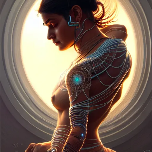 Image similar to ultra realistic illustration, an indian cyborg, transparent, static, intricate, elegant, highly detailed, digital painting, artstation, concept art, smooth, sharp focus, illustration, art by artgerm and greg rutkowski and alphonse mucha