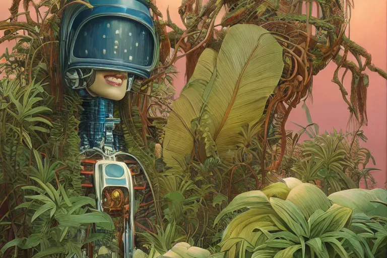 Image similar to evangelionic illustration, gigantic girl head, a lot of exotic vegetation, trees, tremendous pleasure robot, flowers, oldschool vintage sci - fi flat surreal design, super - detailed, oil painting by moebius, hd, 4 k, high quality