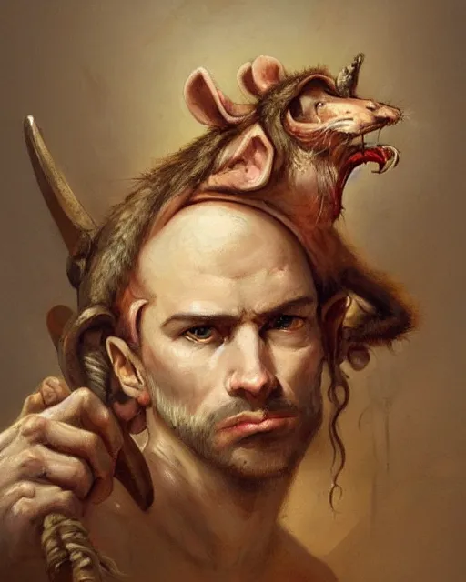 Image similar to baroque portrait of a male were-rat. head of a rat. he is very muscular. he is holding an axe. 4K trending on artstation by peter mohrbacher