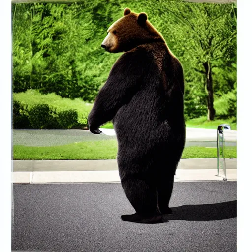 Image similar to big realistic bear standing on two legs, wearing green square backpack at his back, photo realistic, high detail, smooth