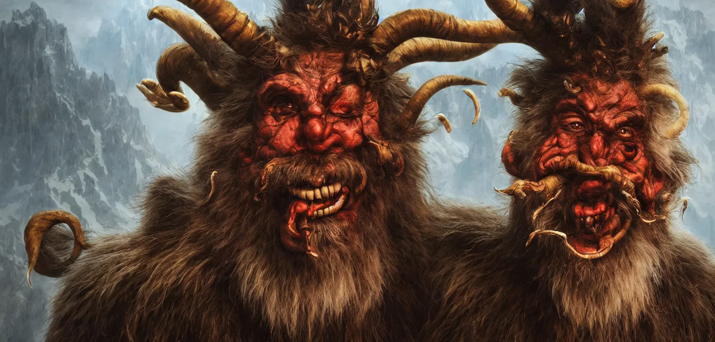 Image similar to hyperrealist highly detailed neo-baroque portrait of krampus standing in dolomites concept art pascal blanche dramatic studio lighting 8k wide angle shallow depth of field