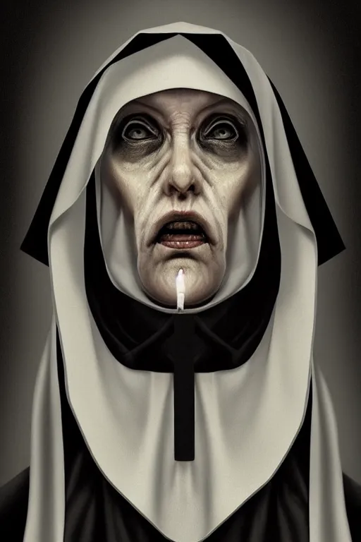 Image similar to portrait, digital painting, an evil nun, black habit, realistic, hyperdetailed, spooky, chiaroscuro, black background, concept art, art by grosz