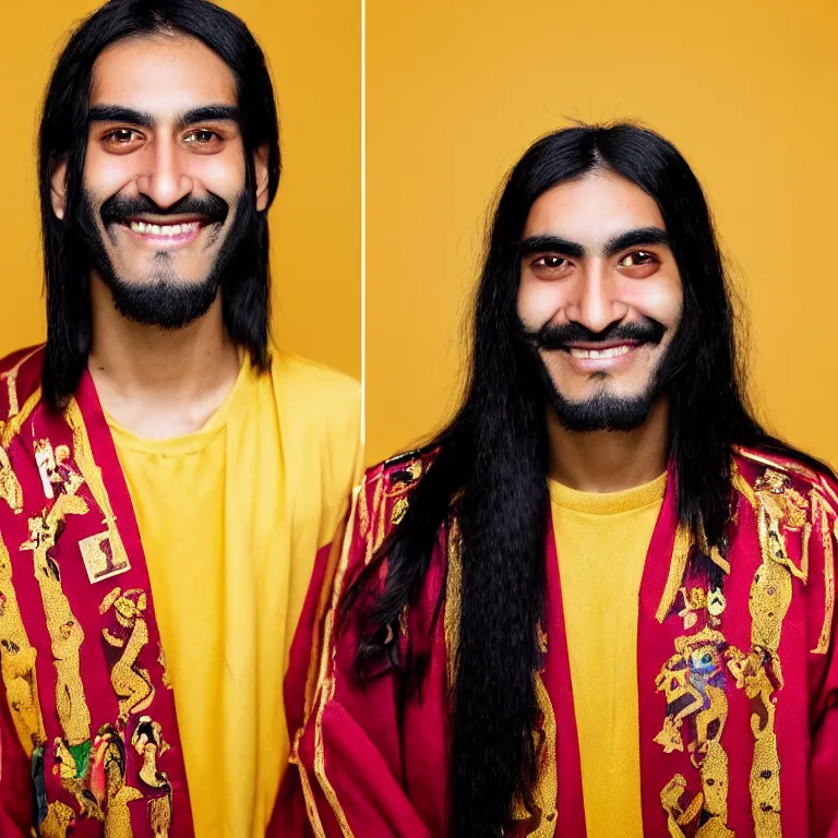 Prompt: A photo of Emperor Kuzco!!!!!!!!!!!!!!!! in his early 20s, peruvian looking, with his long black hair, beardless, smiling with confidence, and wearing!!! his emperor clothes. Portrait by Terry Richardson. Golden hour. 8K. UHD. Bokeh.