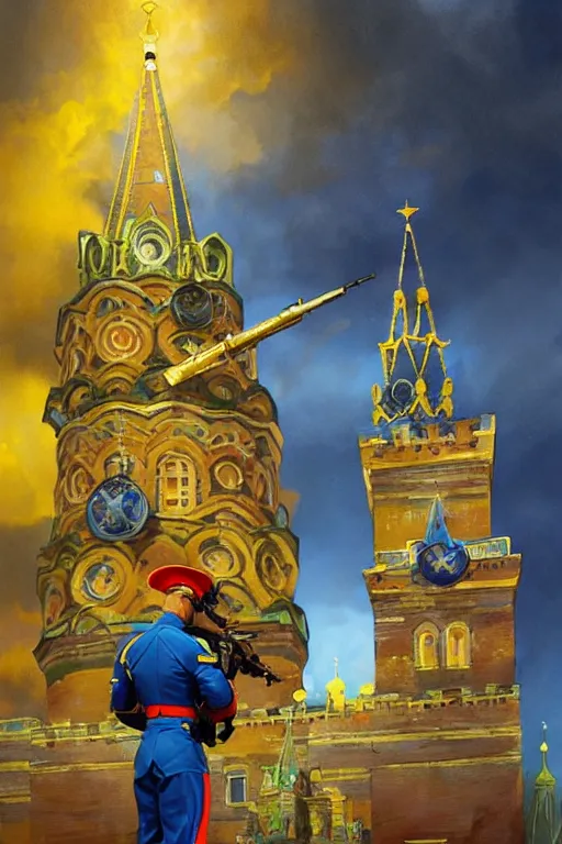 Image similar to special forces soldier installin ukrainian blue and yellow flag on red square kremlin, masculine figure, d & d, fantasy, bright atmosphere, volumetric lights, intricate, elegant, extremely detailed, digital painting, artstation, concept art, matte, smooth, sharp focus, hyper realistic, illustration, art by artgerm and greg rutkowski and alphonse mucha