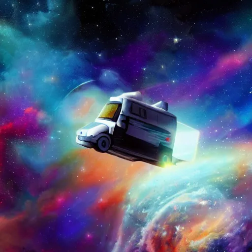 Image similar to a concept art painting of a space van flying in front of a nebula