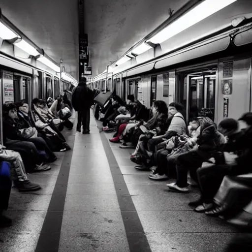 Prompt: people of rer b, subway, atmosphere, sad mood