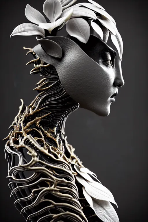 Image similar to bw close - up profile face, black background, beautiful young porcelain vegetal - dragon - cyborg - female, 1 5 0 mm, beautiful natural soft rim light, silver gold details, magnolia leaves and stems, roots, mandelbot fractal, elegant, ultra detailed, white metallic armour, octane render, h. r. giger style