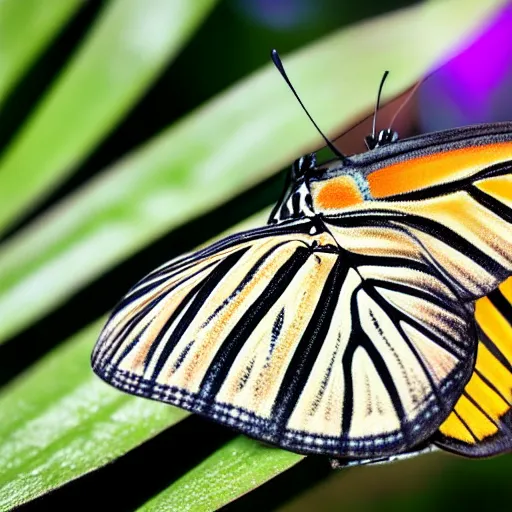 Prompt: a extreme macro photo of a butterfly with zebra patterns resting on a leaf in the garden, background bokeh