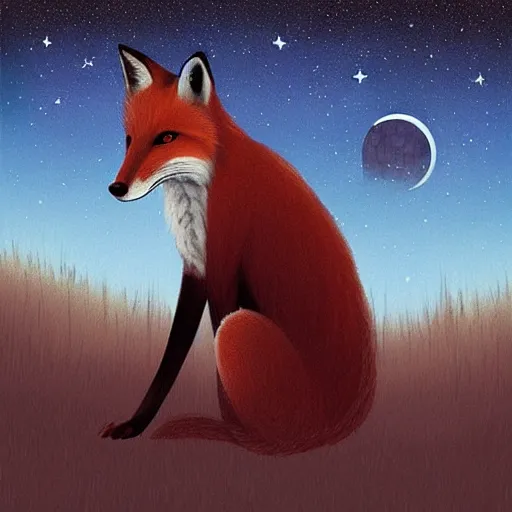 Image similar to “a fox sitting in the woods, looking up at the night sky. The moon shines brightly. digital art, painting”