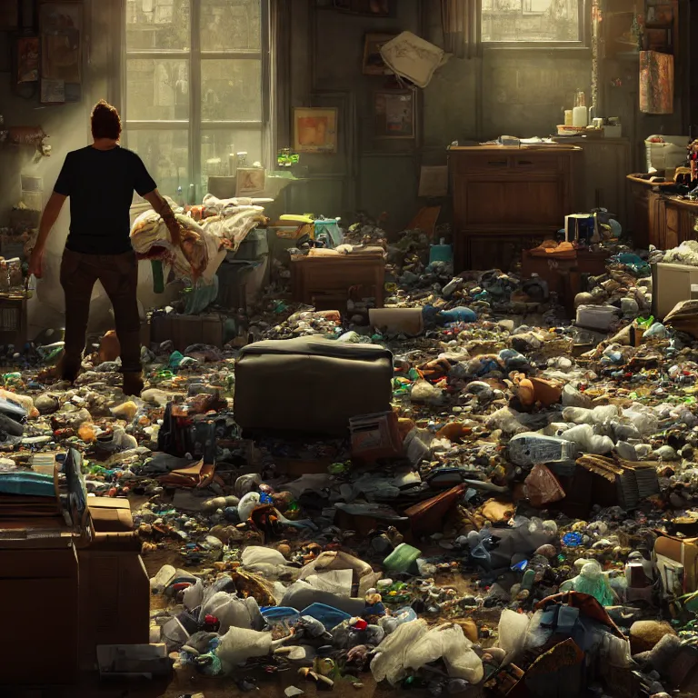 Prompt: a cinematic shot of a hoarder in a room filled with garbage, octane render, volumetric lighting, nvidia raytracing demo, by Andy Thomas, Mario Martinez, Daniel Mirante, Gustave Dore, Artstation, CGsociety, masterpiece