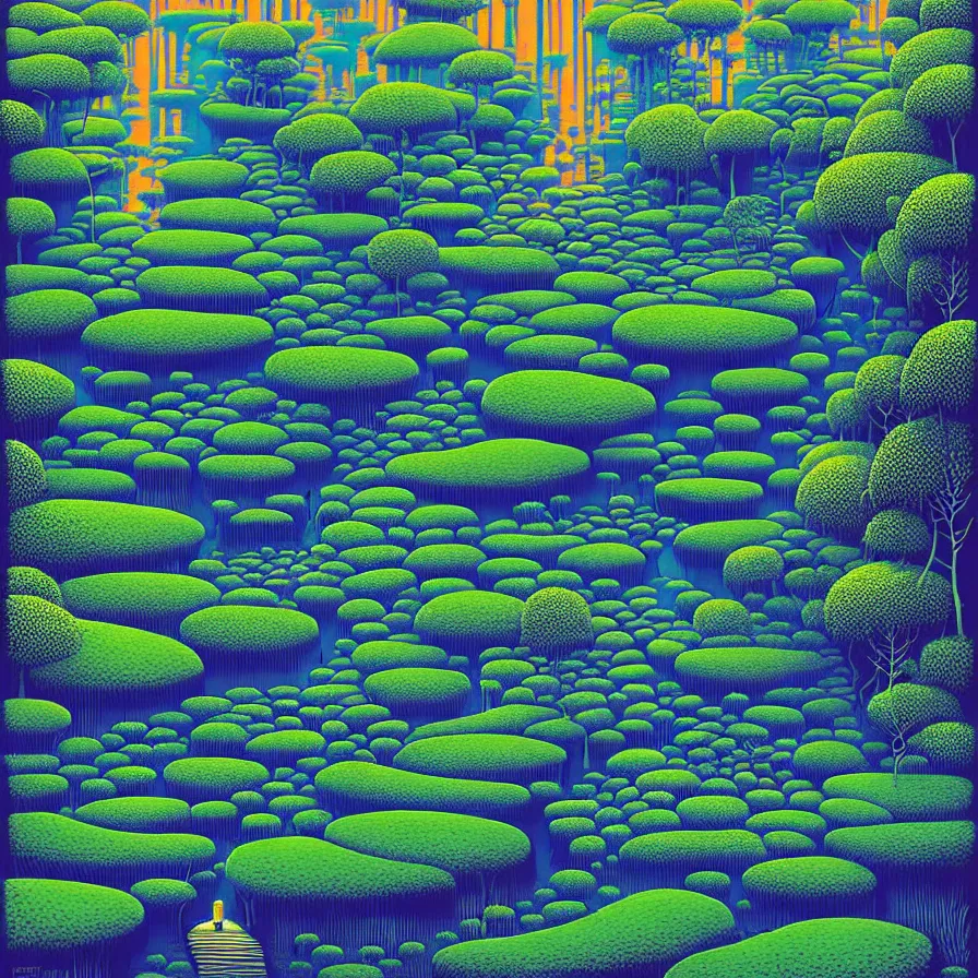 Prompt: surreal gediminas pranckevicius, river flow through borneo jungle, summer morning, very coherent and colorful high contrast art by james gilleard james gurney floralpunk screen printing woodblock, pointillism, dark shadows, pastel color, hard lighting, stippled light, art nouveau, film noir