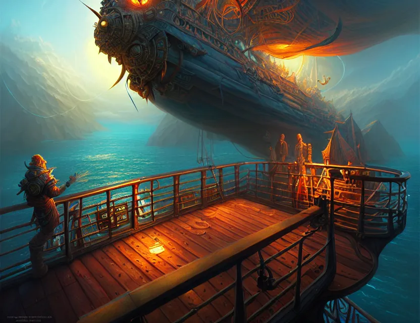 Prompt: standing upon the deck of the flying ship, d & d fantasy art, artstation contest winner, beautiful digital painting in the style of dan mumford, art by kev chan, volumetric lighting, intricate details, concept art, ultrarealistic, deep colors, cgsociety, by art germ, by gerald brom, by peter mohrbacher