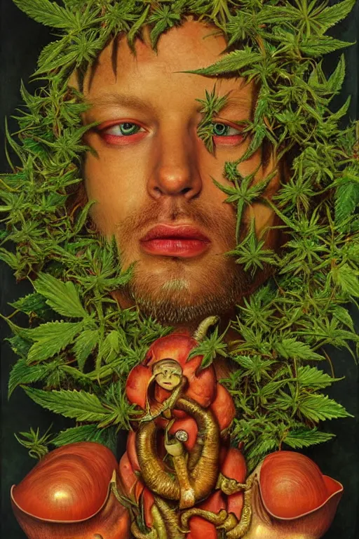 Prompt: hyper realistic portrait painting of tommy ( intrincate detail, golden mushroom ornaments, marijuana ) wet, marijuana buds, by saturno butto, boris vallejo, austin osman spare and david kassan, by bussiere. occult art, occult diagram, red and green color scheme.