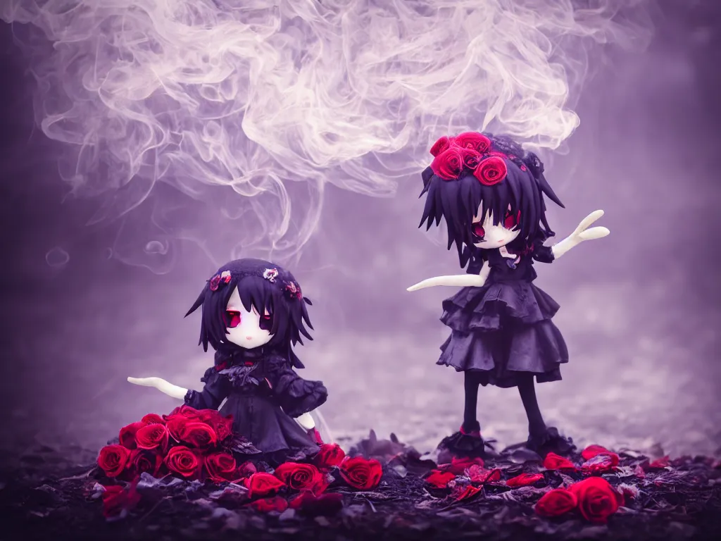 Image similar to cute fumo plush of a gothic maiden girl clutching lots of decayed roses, stale twilight, swirling vortices of emissive smoke and volumetric fog over the river, bokeh, vignette, vray