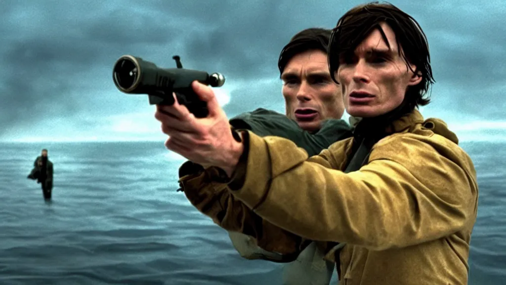 Image similar to photo of Cillian Murphy holding a Thompson, coming out of the ocean, extreme detailed face, spaceship far on the background, film still from the movie directed by Denis Villeneuve with art direction by Zdzisław Beksiński, wide lens