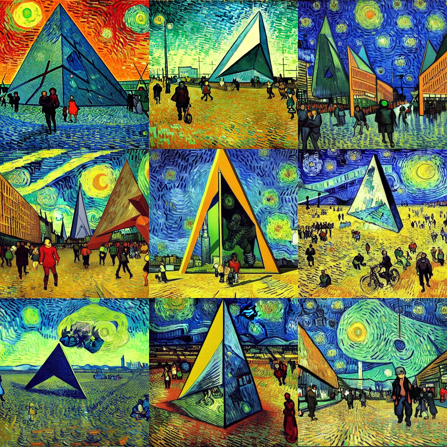 Prompt: giant triangular belyash eats people in the city of the future, by van gogh, realism, futurism