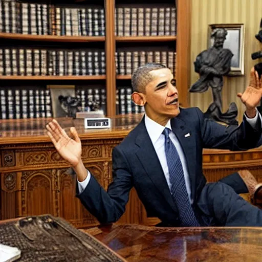 Image similar to barack obama breakdancing on the desk in the oval office