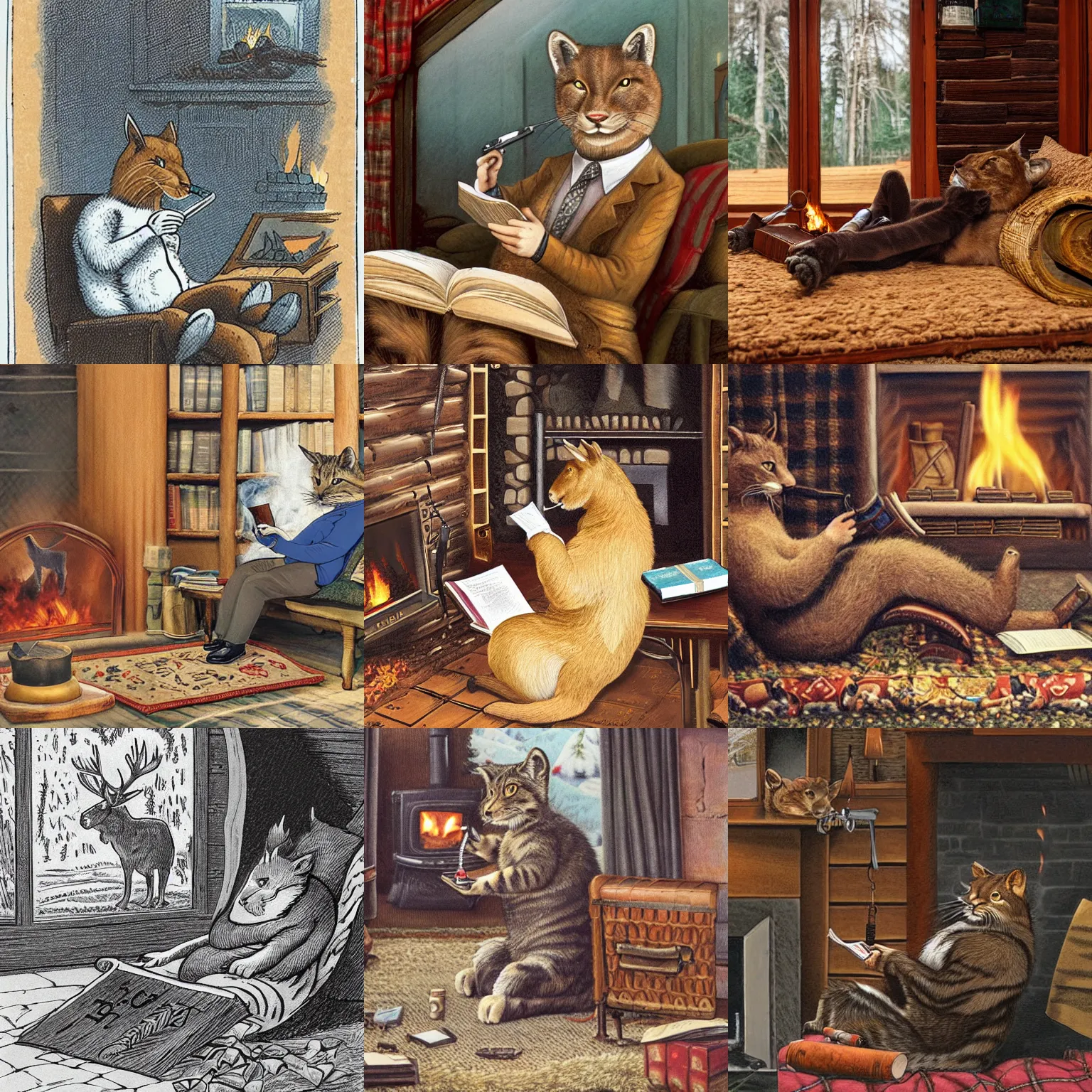 Prompt: a linx leisurely smoking a pipe while reading a leatherbound book, log cabin, crackling fire, human pet purring, moose rug,