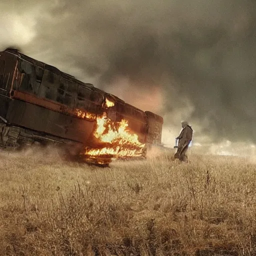 Image similar to trainwreck, boxcar on fire, atmospheric and depressed, post-apocalyptic, Cinematic, film still from a horror movie