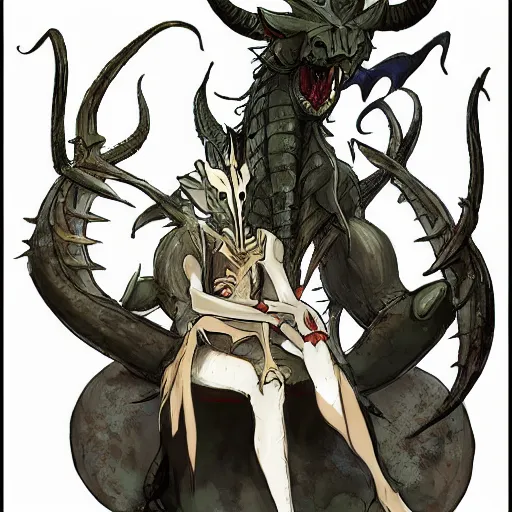 Image similar to concept art painting of a dragonlike anthropomorphic humanoid creature with a long dragon neck and horned skull mask, sitting on a throne, anime style, cel shaded, in the style of makoto shinkai and james gurney and studio ghibli and moebius