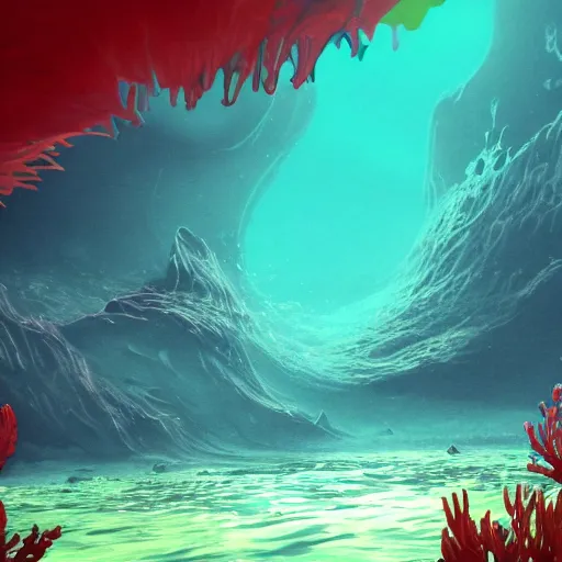 Image similar to underwater view of a strange alien world, some washed out red and green plant life, giant leviathan swimming far in the background, deep blue sea color, artstation, cinematic angle, cinematic and dramatic lighting