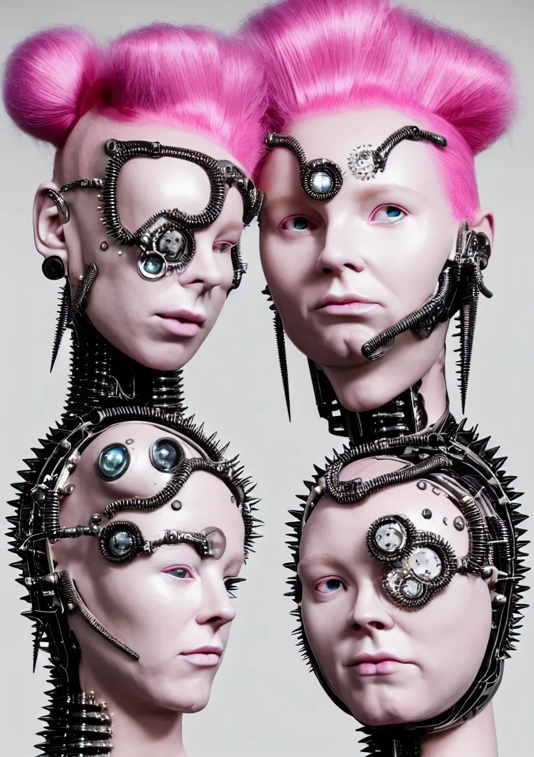 Image similar to portrait of a biomechanical goddess wearing a steel spikes studded iridescent beauty mask and pink hair buns, wearing a black bodysuit by alexander mcqueen, cream white background, soft diffused light, biotechnology, humanoid robot, perfectly symmetric, bjork aesthetic, translucent, by rineke dijkstra, intricate details, highly detailed, masterpiece,