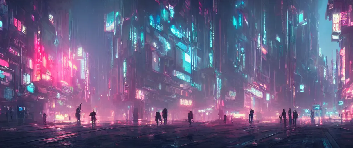 Image similar to concept art environment design of dystopian cyberpunk city with neon lights, people on the streets being monitored by drones, trending on artstation, painted by dreadjim, eddie mendoza, wlop